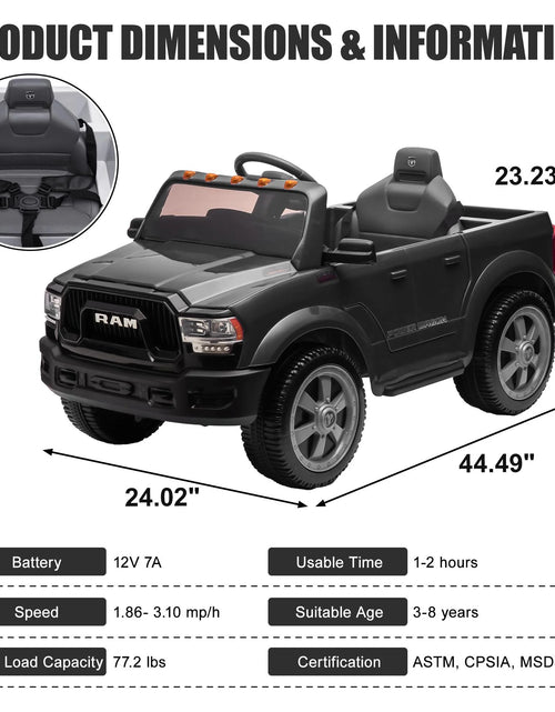 Load image into Gallery viewer, Dodge RAM Ride on Car, 12V Powered Ride on Toy with Remote Control, Rear Wheel Suspension, 5 Point Safety Belt, MP3 Player, Bluetooth, LED Lights, Electric Vehicles for 3-8 Years Boys Girls, Black
