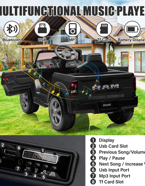 Load image into Gallery viewer, Dodge RAM Ride on Car, 12V Powered Ride on Toy with Remote Control, Rear Wheel Suspension, 5 Point Safety Belt, MP3 Player, Bluetooth, LED Lights, Electric Vehicles for 3-8 Years Boys Girls, Black
