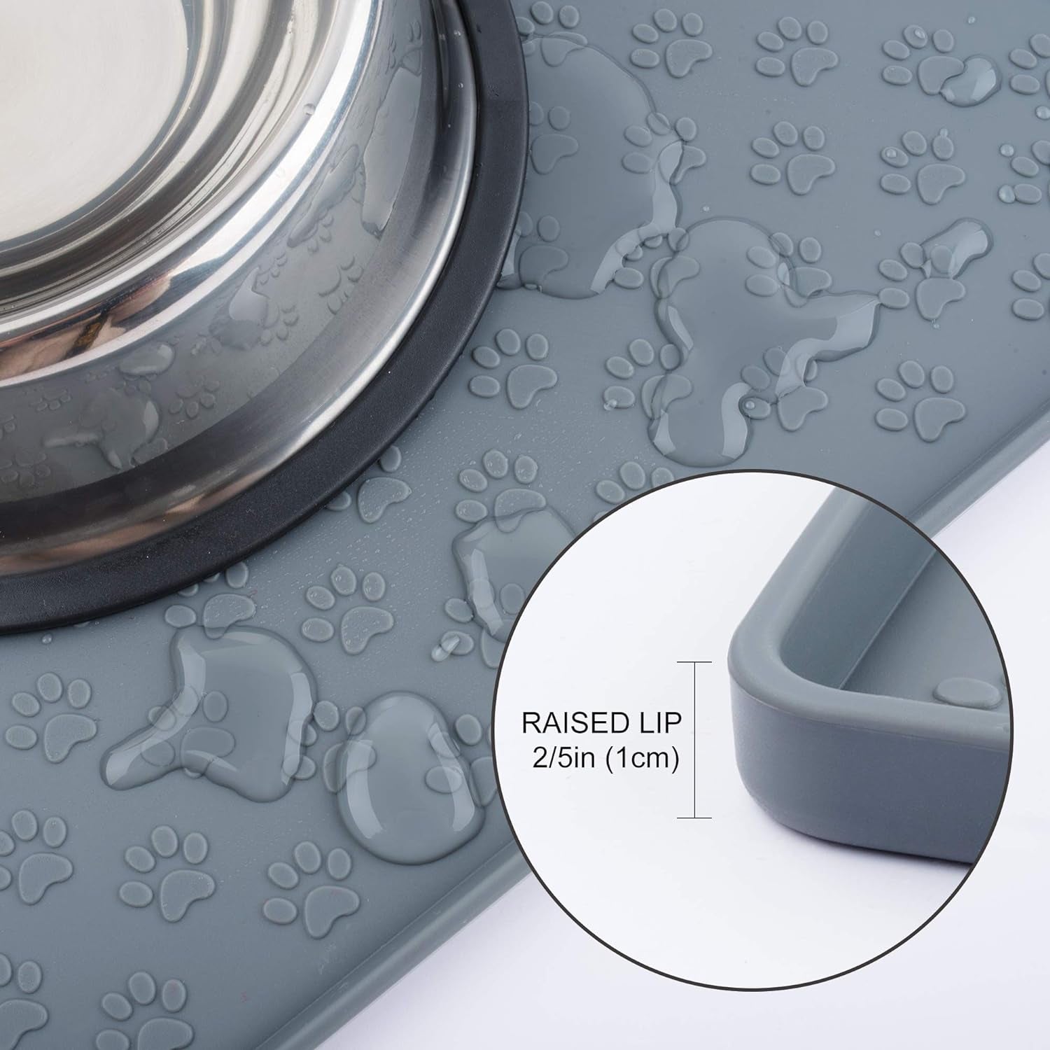 Cat & Dog Food Mat, Sillicone Waterproof Pet Bowl Placement Tray to Stop Food Spills and Water Messes Out to Floor (M: 18.9X11.8In, Grey)